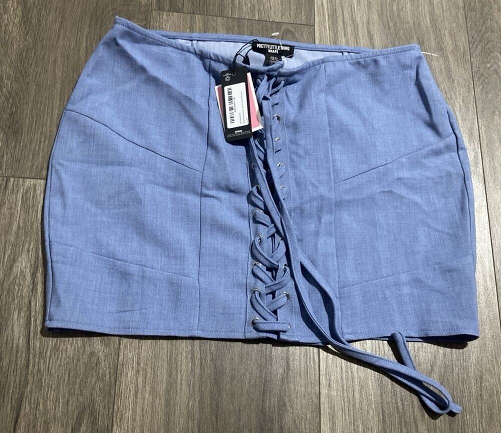 NWT Pretty Little Thing Shape Blue Lace Up Mini Skirt Size 4 Woven Detail